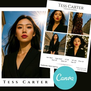 May include: A fashion model's headshot and comp card. The model, Tess Carter, is wearing a black blazer and has black hair and red lipstick. The comp card includes four additional photos, measurements, and agency information. The Canva logo is visible.