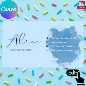 Modelo de Cartão de Visita Editável para Confeiteiros com Cupcake | Download Digital do Canva | Branding Feminino para Confeitaria | Cartão de Visita para Imprimir