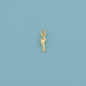 Puede incluir: Un dije dorado con forma de pimiento, con un lazo en la parte superior para sujetarlo a un collar o pulsera. El dije está sobre un fondo azul claro. Este artículo de joyería es un colgante.