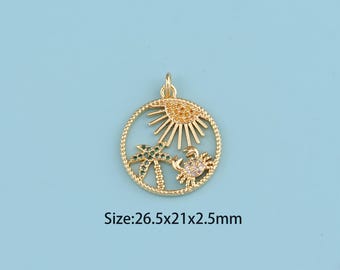 18K Gold Filled CZ sun beach Pendant,round Tree Necklace,beach Crab Charms, Earrings Jewelry Making