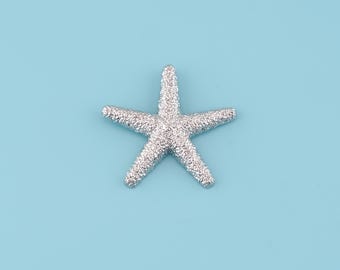 May include: A silver glitter starfish on a light blue background. The starfish has five points and a textured surface, reflecting light. This decorative item is perfect for beach-themed decor or crafts.