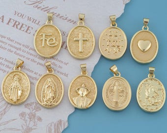 18K Gold Filled Oval Coin Pendant Charm, Vintage Cross Heart Medallion Charms, Textured Oval Medal Pendant for Necklace DIY Jewelry Supplies