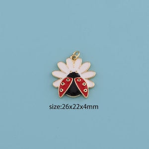 18K Gold Filled Enamel Ladybird Pendant,Beetle Necklace, Insect Charms,Flower Charms,Coccinella Septempunctata Pendant DIY Gifts for Women