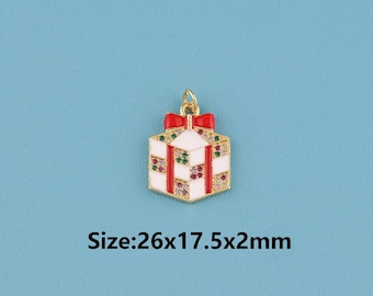 18K Gold Filled CZ Gift Box Pendant,Christmas Gift Box Charm,Enamel Gift Box Charm DIY Bracelet Necklace Jewelry Making Findings Supply