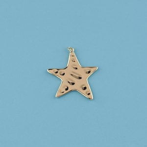 May include: A gold-colored star-shaped charm with a textured surface and a small loop at the top for hanging. The charm is set against a light blue background.