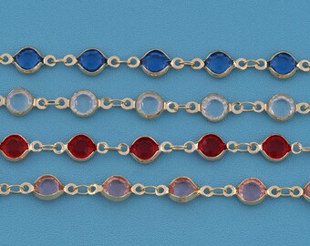 1 meter 18KGold Filled Bezel Set Crystal Chain,Round Rhinestone Link Chain,DIY Handmade Necklace Bracelet Supplies,Colorful Gemstone Jewelry