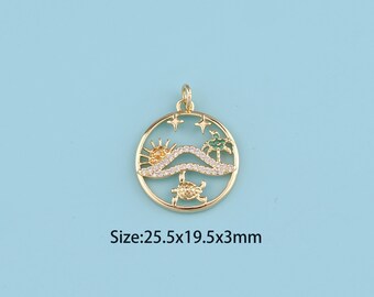 18K Gold Filled CZ beach Pendant,round  Necklace,beach Charms, Earrings Jewelry Making
