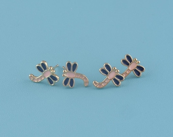 1 pair 18K Gold Filled Dragonfly Earrings,Enamel Animal Jewelry,Modern Dainty Earrings