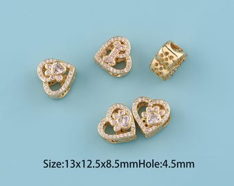 May include: Gold-colored heart-shaped charms with clear crystal accents. The charms feature various designs, including a paw print and a flower. The text on the image reads: Size: 13x12.5x8.5mm Hole: 4.5mm.