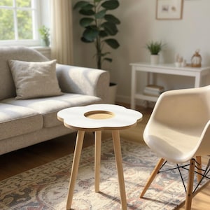 May include: A white, flower-shaped side table with a natural wood top and legs. The table is approximately 18 inches in diameter and 20 inches tall. It is placed in a living room setting with a sofa, chair, and rug.