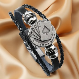 Ace of Spades Bracelet – Leather Poker Bracelet for Men, Stainless Steel Card Charm, Lucky Gambler Gift