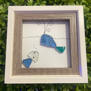 Sea Glass Whale & Fish in the Ocean | Whimsical framed glass decor| Beach House gifts