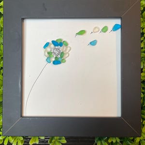 Sea Glass Dandelion Wall Art – Handmade Framed Flower Art – Whimsical Coastal Decor – Beach Glass Gift – Nature-Inspired Art