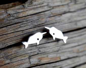 Narwhal sterling silver earrings, tiny whale studs, cute children jewelry, baby narwhale earrings, sea unicorn gift