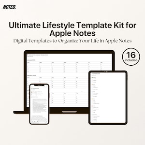 Peut inclure: Un kit de modèles numériques pour Apple Notes, affiché sur un ordinateur portable, une tablette et un smartphone. Le kit comprend des modèles pour organiser la vie. L'image montre un calendrier et une liste de courses. Le texte indique "Ultimate Lifestyle Template Kit for Apple Notes."