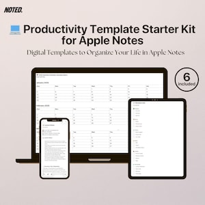 Puede incluir: Un kit de inicio de plantilla de productividad digital para Apple Notes. La imagen muestra una computadora portátil, una tableta y un teléfono inteligente que muestran plantillas. El texto dice "Productivity Template Starter Kit for Apple Notes" y "Digital Templates to Organize Your Life in Apple Notes."