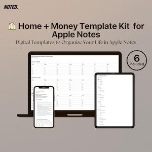Puede incluir: Kit de plantillas digitales para Apple Notes, con calendario y lista de compras, que se muestra en un portátil, una tableta y un teléfono. El texto de la imagen dice "Home + Money Template Kit for Apple Notes" y "Digital Templates to Organize Your Life in Apple Notes". También muestra "6 incluidos".