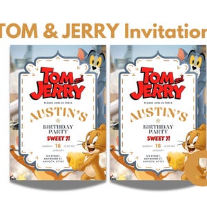 Szablon zaproszenia na imprezę Tom Jerry, edytowalne zaproszenie urodzinowe z kreskówek Canva, cyfrowe szablony zaproszeń dla dzieci, natychmiastowe pobieranie