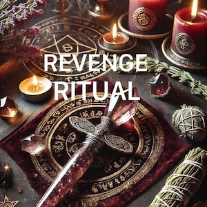 May include: A mystical scene featuring a ritual setup with candles, a dagger, and the text "REVENGE RITUAL." The scene includes a red velvet cloth, crystals, and dried herbs, creating an atmosphere of mystery and magic. The words "5 Star Experience" are also visible.