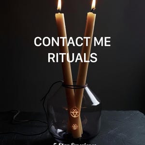 May include: Two lit, beige candles in a clear glass vase. The candles have a decorative design and are tied together with a brown string. The text "CONTACT ME RITUALS" is displayed in white. The phrase "5 Star Experience" is also visible.