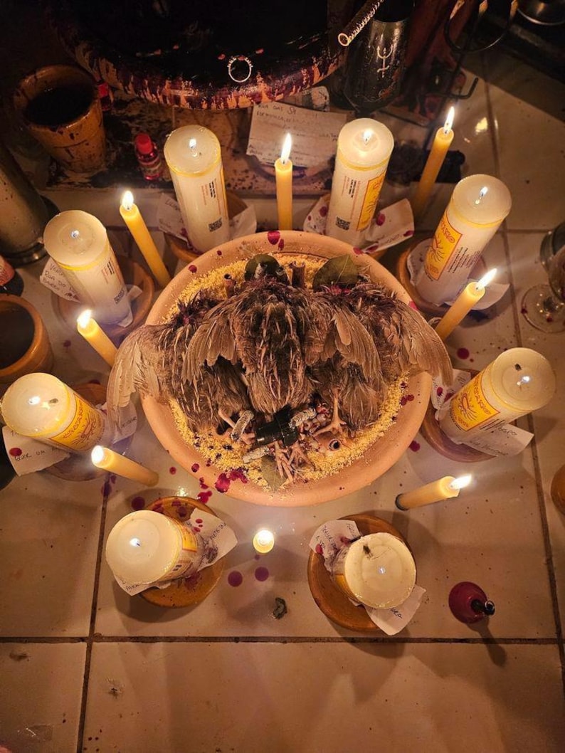 May include: An overhead shot of a ritualistic arrangement featuring a central dish with a bird, surrounded by lit candles and small wooden bowls. The scene is illuminated by the warm glow of the candles, with scattered red droplets.