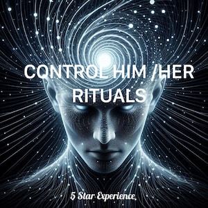May include: Digital art featuring a human face with glowing blue eyes and a network of lines emanating from the head. The text "CONTROL HIM / HER RITUALS" is displayed above the face, with "5 Star Experience" at the bottom.