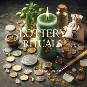 May include: An arrangement of items for lottery rituals, including a lit green candle, coins, a money bag, and a small glass bottle. The text "LOTTERY RITUALS" and "5 Star Experience" are displayed on the image.
