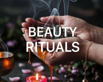 May include: Image with the text "BEAUTY RITUALS". A lit red candle with dripping wax, hands holding herbs, and wisps of smoke. A gold bracelet with a charm hangs down. The words "5 Star Experience" are at the bottom.