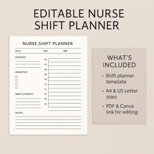 Editable Nurse Shift Planner | Daily Report Sheet for ICU, Wards, and Student Nurses | Printable PDF & Canva Template