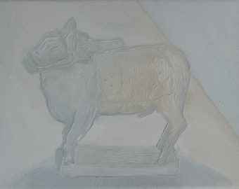 Still life with wooden bull original oil painting