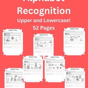Hojas de trabajo de reconocimiento de letras del alfabeto A-Z / Libro de actividades de 52 páginas para trazar, dibujar e ilustrar mayúsculas y minúsculas