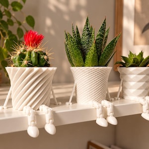 May include: Three white planters with articulated legs and feet, each holding a different succulent plant. The first planter has a spiral texture with a green cactus and red flower, the second a cross-hatch pattern, and the third a geometric design.