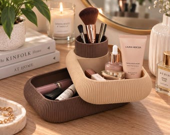 Rotating Makeup Organizer | 2 Tier Vanity Organizer | 3D Printed Cosmetic Storage | Makeup Brush Holder | Skincare Organizer