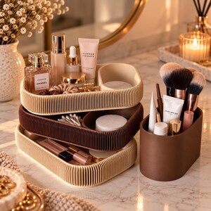 May include: A stack of three oval-shaped, ribbed cosmetic organizers in beige and dark brown, accompanied by a matching dark brown cylindrical brush holder. The organizers contain various skincare bottles, makeup tubes, cotton pads, and brushes.
