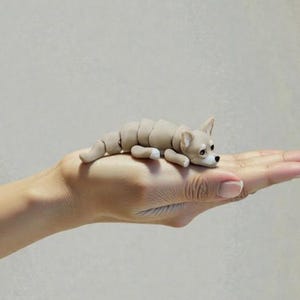 May include: A small, light brown dog figurine with white accents, lying on a hand. The dog has black eyes and a detailed, segmented body. The figurine is a miniature representation of a dog.
