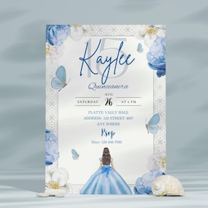 Invito digitale modificabile per la Quinceañera in azzurro, modello a farfalla blu, dolce 16, Mis Quince, tiara, festeggiata, Fiesta Glamour