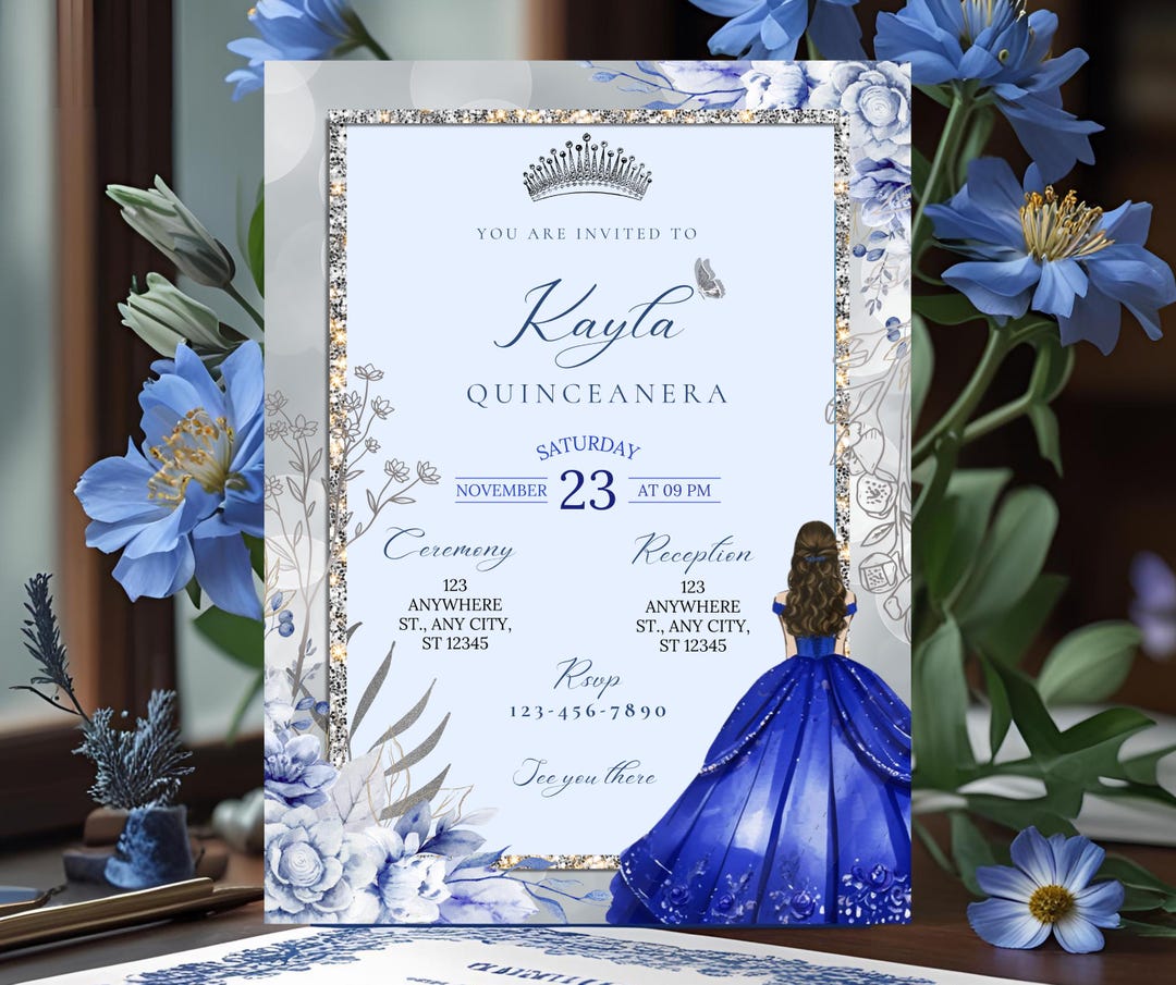Royal Blue Quinceanera Invitation Elegant Floral Design (digital