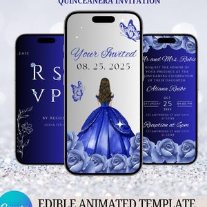 Quinceañera Animated Invite Royal Blue Quince Template, Premade Royal Blue Digital Einvite, Princess, Instant Download Canva Template