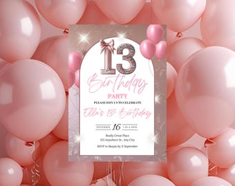 Puede incluir: Invitación a una fiesta de cumpleaños rosa con un fondo de globos rosas. La invitación presenta el número 13 en purpurina plateada, las palabras "Birthday Party" y los detalles del evento. La invitación es para el 13 cumpleaños de Ella.