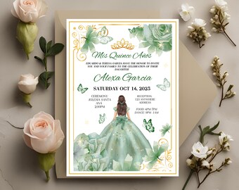May include: A quinceañera invitation card with a watercolor illustration of a young woman in a green gown. The card features gold accents, butterflies, and the text "Mis Quince Años" and event details.