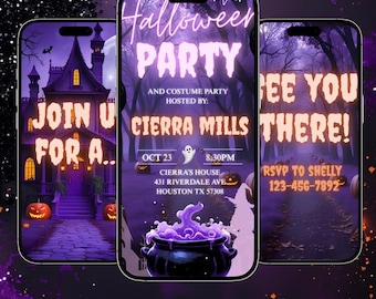 May include: Animated Halloween party invitation template on three smartphones. The central phone displays "Halloween Party" details, including the host's name, date, and time. Other phones show "Join Us For A..." and "See You There!" with a cauldron graphic.