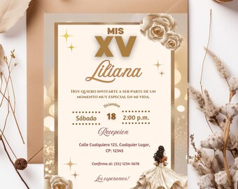 Gold Quinceañera Invitation Template: Editable Custom Canva Invite (Digital Download)