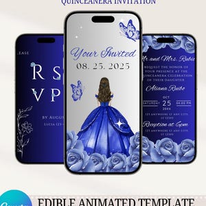 Invito video animato per la festa della Quinceañera, modello fai da te, invito digitale preimpostato blu reale, farfalla, principessa, digitale