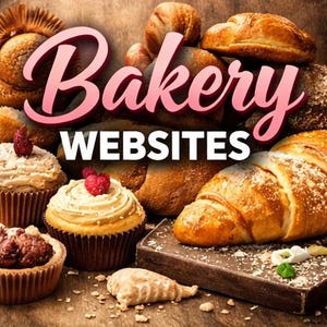 Könnte beinhalten: Eine Auswahl an Backwaren, darunter Croissants, Muffins und Brot, ist auf einer Holzoberfläche angeordnet. Das Bild zeigt den Text "Bakery Websites" in Rosa und Weiß, was auf ein Thema im Zusammenhang mit Online-Bäckereidiensten hindeutet.