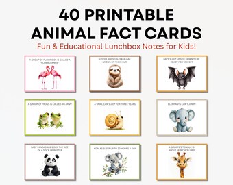 40 Printable Animal Fact Cards, kids lunch box notes, lunch box notes, Cute Fun Lunchbox Notes,Educational Flashcards, Instant Download PDF