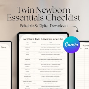 Puede incluir: Tres tabletas digitales muestran una lista de verificación para gemelos recién nacidos, incluyendo elementos como asientos de coche y biberones. El texto "Twin Newborn Essentials Checklist" está en la parte superior, con "Editable & Digital Download" debajo. El logotipo de Canva es visible.