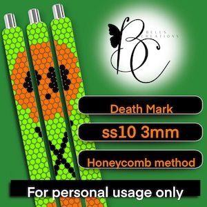 Op de afbeelding: Drie pennen met groen-oranje patronen en zilveren punten. De pennen hebben een honingraatontwerp en de tekst "Death Mark", "ss10 3mm" en "Honeycomb method". De afbeelding bevat ook de tekst "For personal usage only".