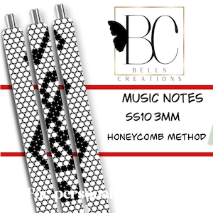 May include: Three cylindrical pen barrels featuring a black and white honeycomb pattern with a music note design. The text reads BC BELLS CREATIONS, MUSIC NOTES, SS10 3MM, HONEYCOMB METHOD. The design uses 3mm sized elements in a grid arrangement.