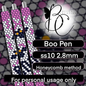 May include: Three pens with pink, white, and navy blue beaded patterns. The pens have silver tips and are labeled "Boo Pen", "ss10 2.8mm", and "Honeycomb method". The image also includes the text "For personal usage only".