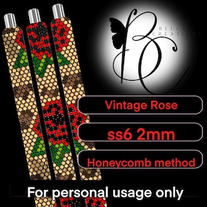 May include: Three pens with a beaded design in shades of brown, red, green, and gold. The text "Vintage Rose", "ss6 2mm", and "Honeycomb method" are displayed. The image also includes a logo with a butterfly.